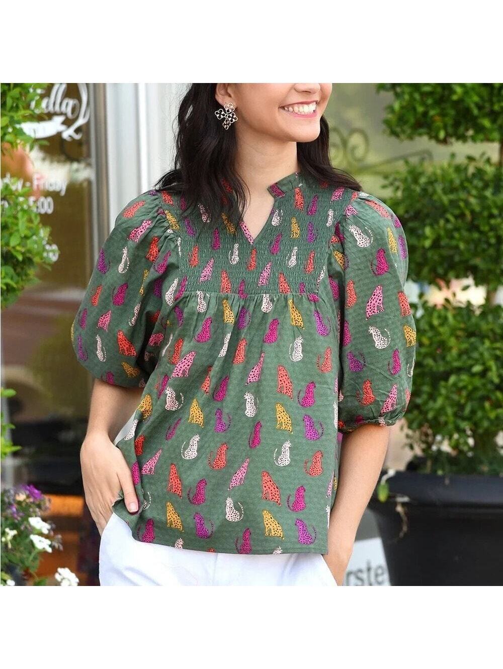 Michelle McDowell EUC Women's Green Jona Leopard Print Babydoll Top Size S